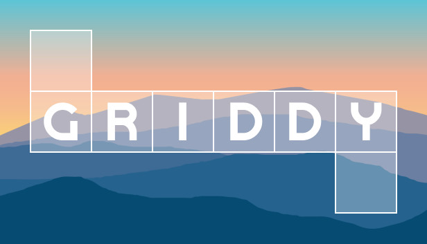 The image features a landscape with a gradient sky transitioning from a warm orange at the horizon to a cooler blue as it rises. The landscape appears to be a series of hills or mountains, painted in various shades of blue. Superimposed over this scenic background is the word "GRIDDY" in bold, white capital letters, arranged in a grid-like pattern. The letters are in a sans-serif font, with each letter aligned within its own white outline box. The overall design gives a sense of modernity and simplicity.