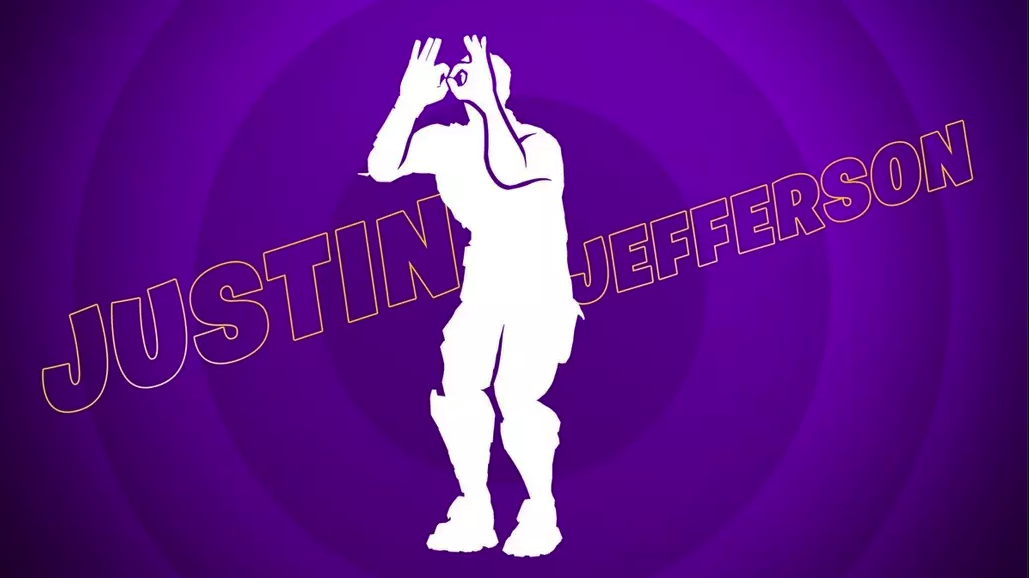 Purple circular gradient background color; It reads' Justin Jefferson 'and a white silhouette of a human figure; Human silhouette with legs together and knees bent; Raise your hands above your head and make an "OK" shape in front of you