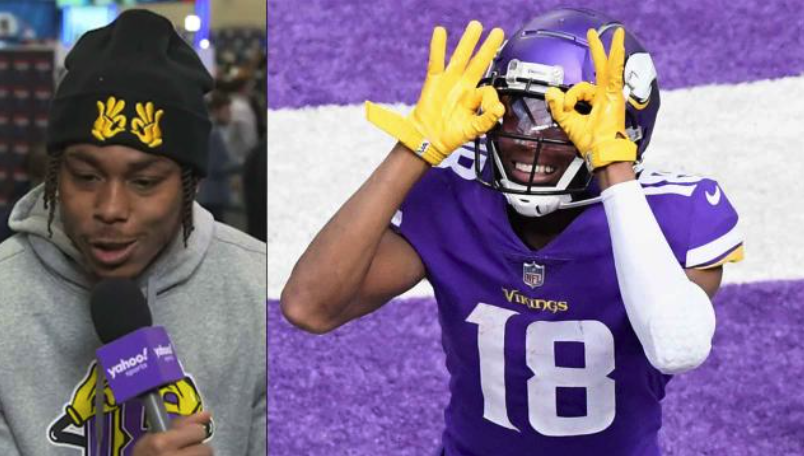 The person in the picture is Justin Jefferson; The picture is divided into left and right sides. Jefferson is being interviewed on the left side, wearing a knitted hat with two hand made "OK" gestures printed on it; On the right is Jefferson wearing a football jersey; He placed his hands at the position of his eyes and made an "OK" gesture