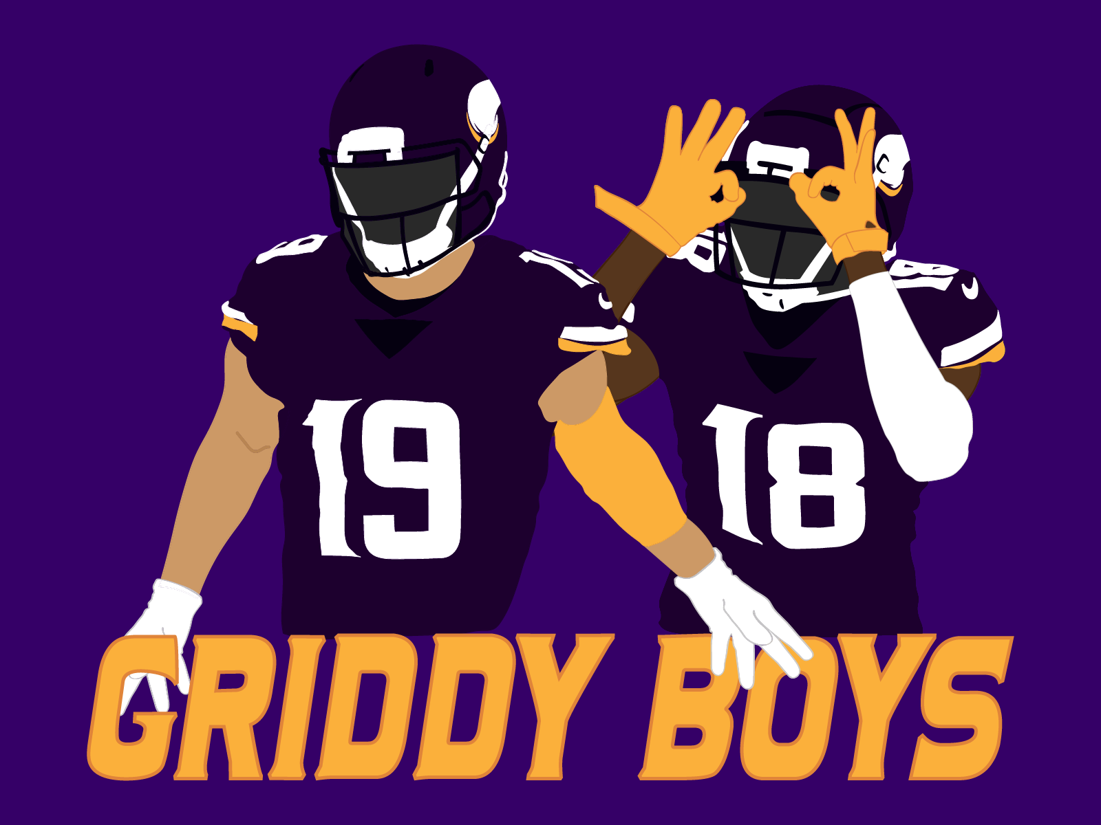 The image has a purple background, with the words "gritty boys" written in yellow below. There are two cartoon characters wearing rugby jerseys in the image; The athlete in front is the 19th, and the athlete behind is the 18th; The 18th athlete raised his hands above his head and made an "OK" gesture