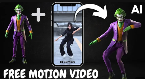 There is a title on the picture that reads "FREE MOTION Video" and displays the achievement of "1M Views" (1 million views), indicating that the video has received one million views. There is a static 3D character standing on the left side of this picture; There is a video of dancing in the middle; These are to demonstrate that a static character combined with a video dance can be synthesized into a video using AI technology